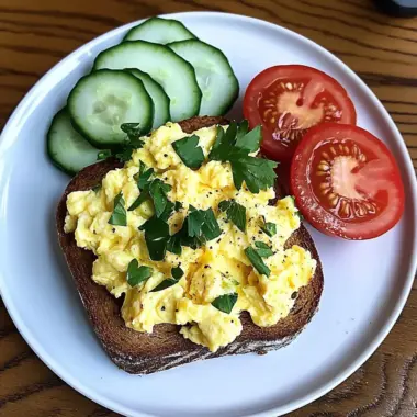 Creamy Scrambled Egg Toast with Fresh Cucumber & Tomato Slices