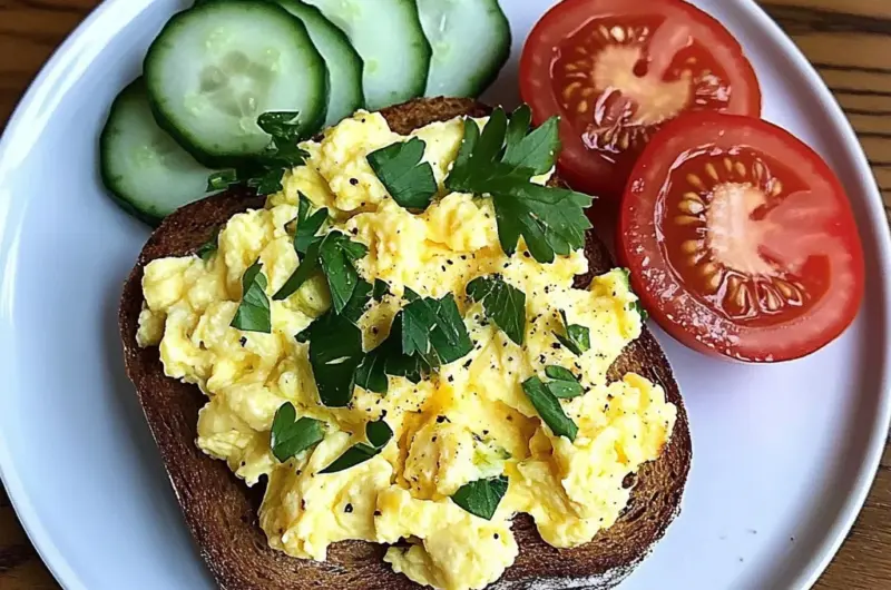Creamy Scrambled Egg Toast with Fresh Cucumber & Tomato Slices