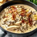 Creamy Slow Cooker Chicken Bacon Stroganoff with Mushrooms & Herbed Noodles