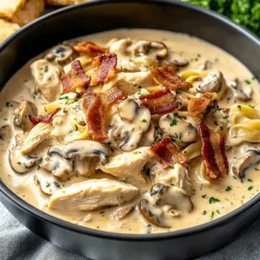 Creamy Slow Cooker Chicken Bacon Stroganoff with Mushrooms & Herbed Noodles