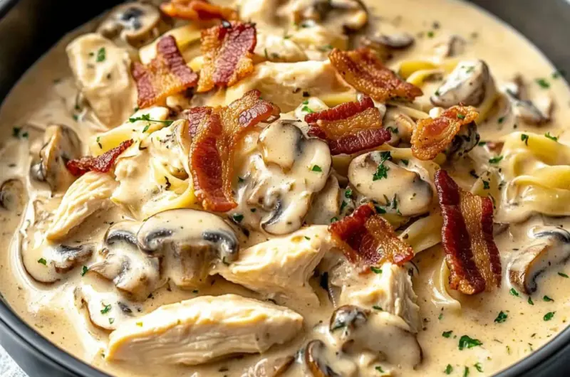 Creamy Slow Cooker Chicken Bacon Stroganoff with Mushrooms & Herbed Noodles