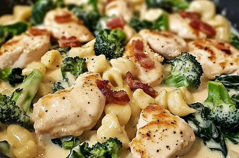 Decadent Garlic Butter Chicken Alfredo with Spinach, Bacon & Broccoli
