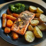 Garlic-Herb Salmon with Roasted Potatoes, Glazed Carrots & Broccoli