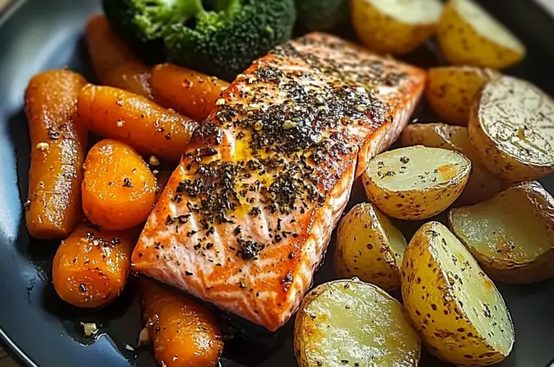 Garlic-Herb Salmon with Roasted Potatoes, Glazed Carrots & Broccoli