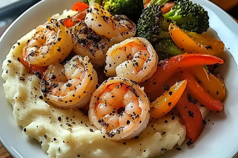 Garlic Butter Shrimp with Sautéed Veggies & Creamy Mashed Potatoes
