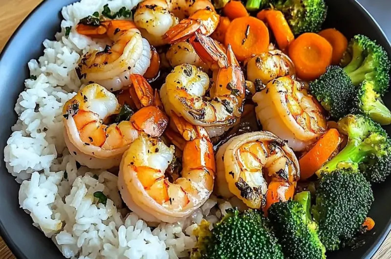 Garlic Butter Shrimp with Steamed Rice & Mixed Vegetables