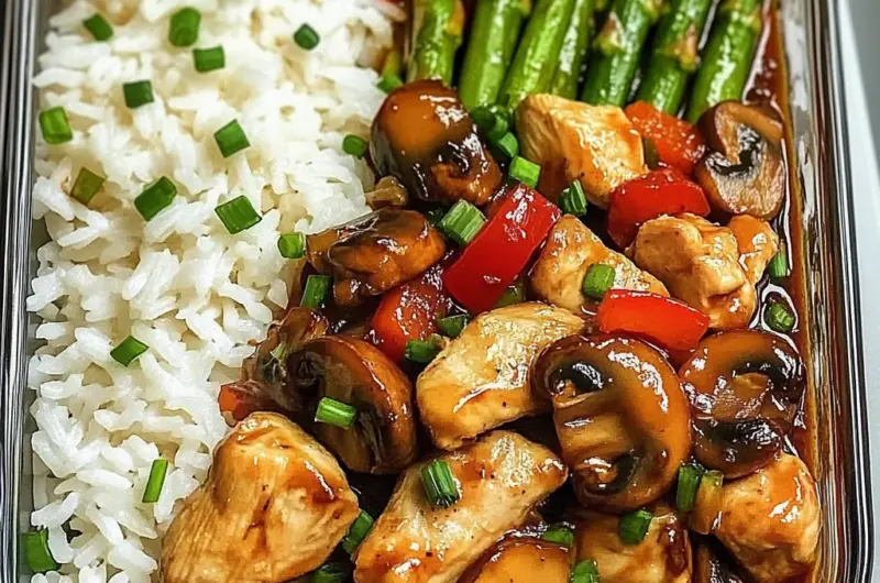 Garlic Chicken & Mushroom Stir-Fry with Asparagus & Rice