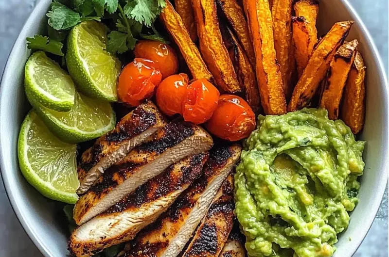 Grilled Chicken Power Bowl with Sweet Potato Fries & Guacamole
