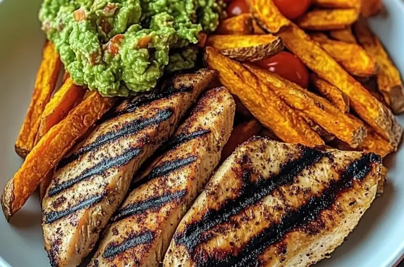 Grilled Chicken with Sweet Potato Fries & Chunky Guac