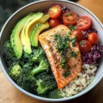 Herb-Roasted Salmon Bowl with Quinoa Kale Salad & Avocado