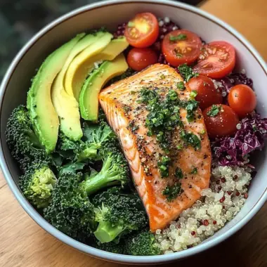 Herb-Roasted Salmon Bowl with Quinoa Kale Salad & Avocado