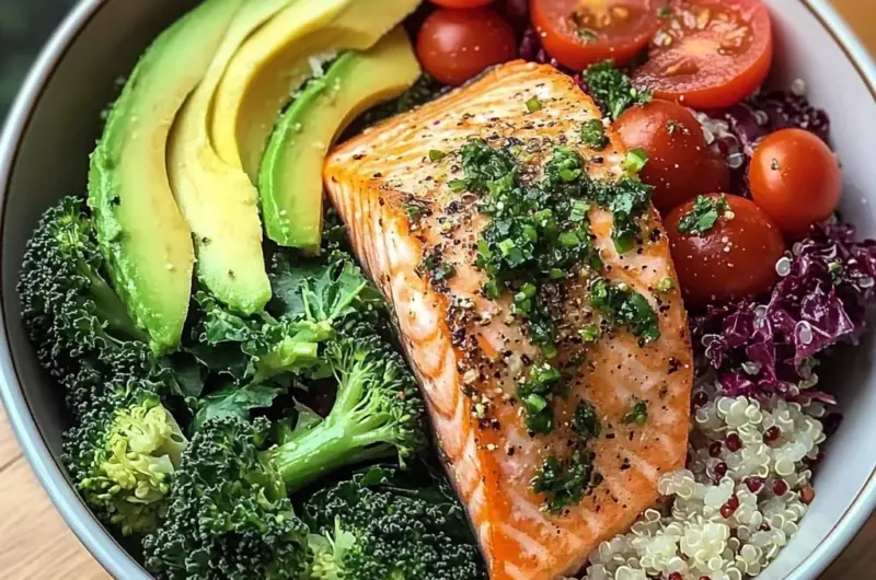 Herb-Roasted Salmon Bowl with Quinoa Kale Salad & Avocado