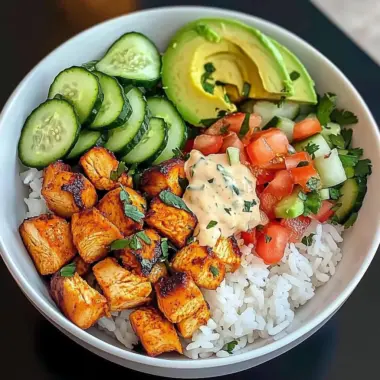 Spicy Chicken Rice Bowl with Avocado & Cucumber Salad