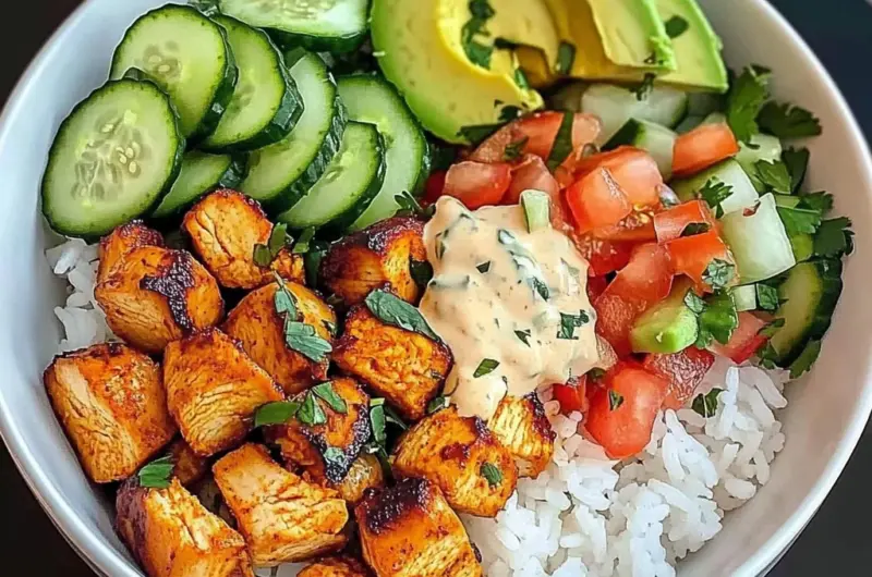 Spicy Chicken Rice Bowl with Avocado & Cucumber Salad