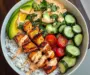 Spicy Chicken Rice Bowl with Avocado & Cucumber Salad