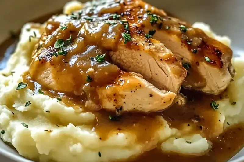 Chicken and Garlic Gravy with Cheesy Mashed Potatoes