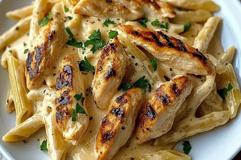 Creamy Chicken Alfredo Pasta with Grilled Chicken Strips