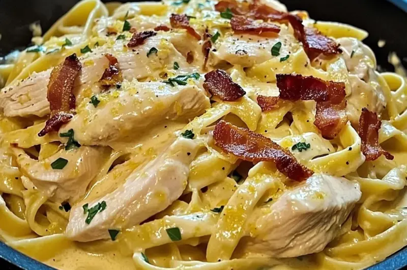 Creamy Lemon-Garlic Chicken Bacon Fettuccine