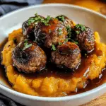 Enjoy Irresistible beef Meatballs with Sweet Potato Mash & Bourbon-Maple Sauce