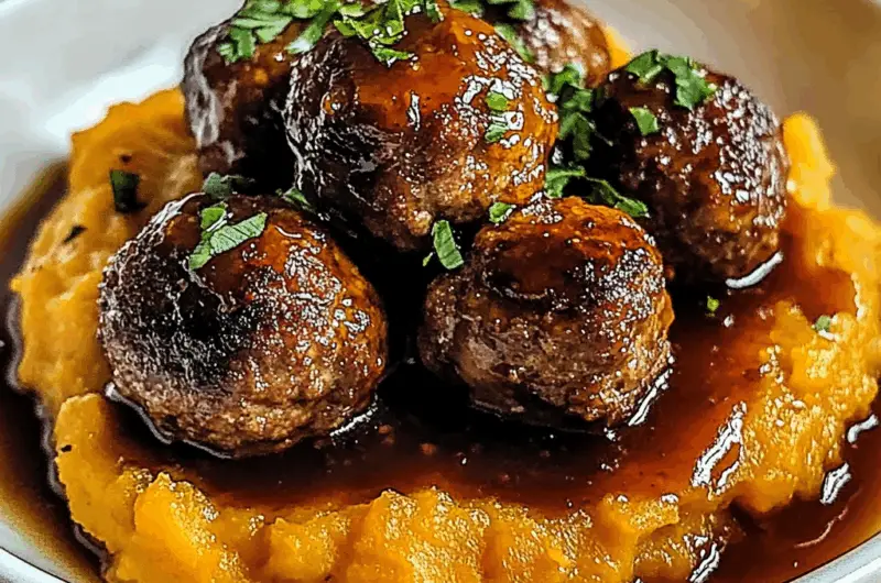 Enjoy Irresistible beef Meatballs with Sweet Potato Mash & Bourbon-Maple Sauce