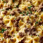 Garlic Butter Bowtie Pasta with Ground Beef Recipe