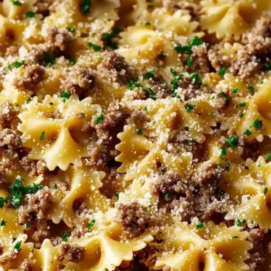 Garlic Butter Bowtie Pasta with Ground Beef Recipe