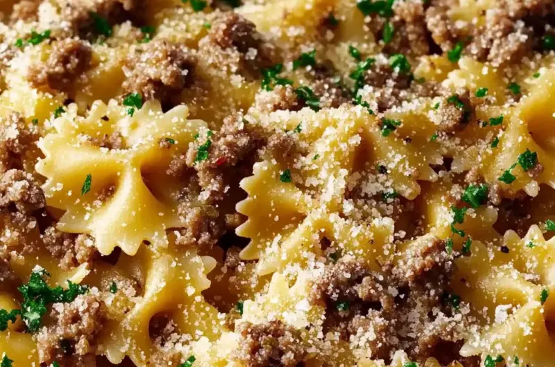 Garlic Butter Bowtie Pasta with Ground Beef Recipe