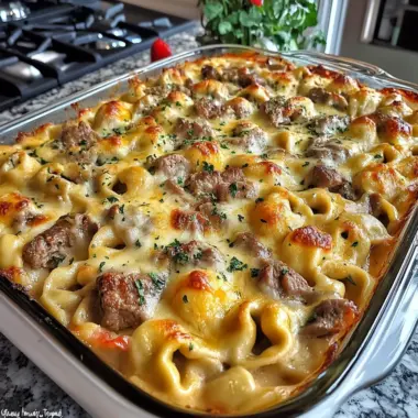 Golden Cheese Steak Tortellini Casserole