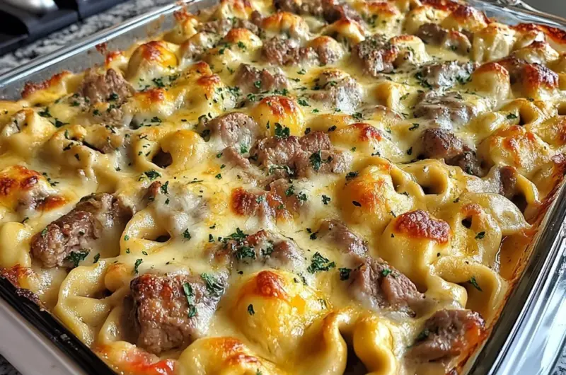 Golden Cheese Steak Tortellini Casserole