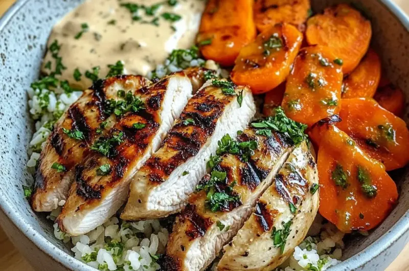 Grilled Chicken Bowl with Herbed Rice, Glazed Carrots & Creamy Sauce
