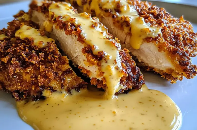 Savory Pretzel Chicken with Mustard-Cheddar Sauce Delight